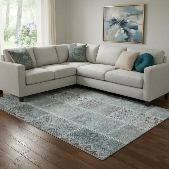 Teal And Beige Patchwork Washable Area Rug With UV Protection Photo 1