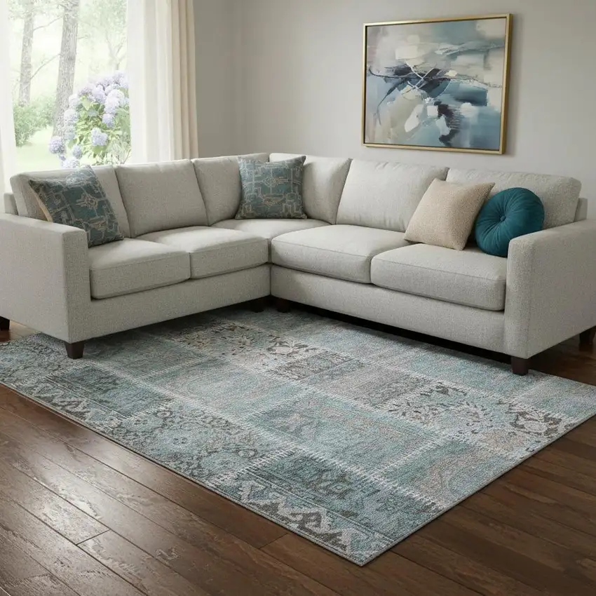 Teal And Beige Patchwork Washable Area Rug With UV Protection Photo 1