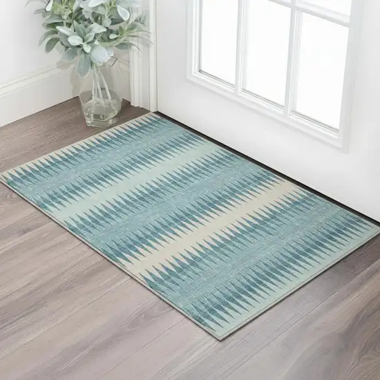 Teal And Beige Striped Washable Area Rug With UV Protection Photo 2