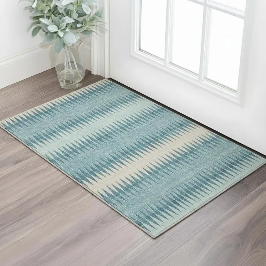 Teal And Beige Striped Washable Area Rug With UV Protection Photo 2