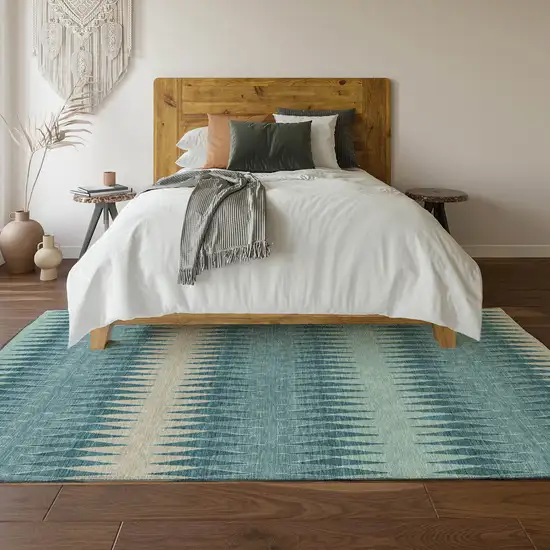 Teal And Beige Striped Washable Area Rug With UV Protection Photo 5