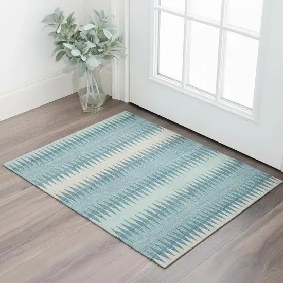 Teal And Beige Striped Washable Area Rug With UV Protection Photo 1