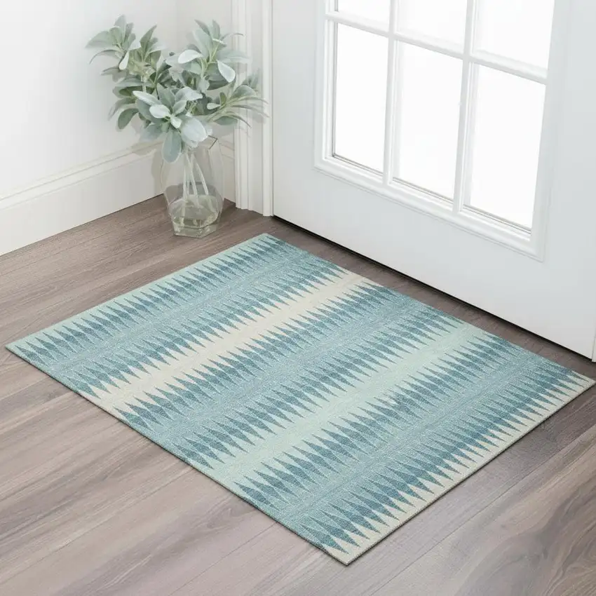Teal And Beige Striped Washable Area Rug With UV Protection Photo 1