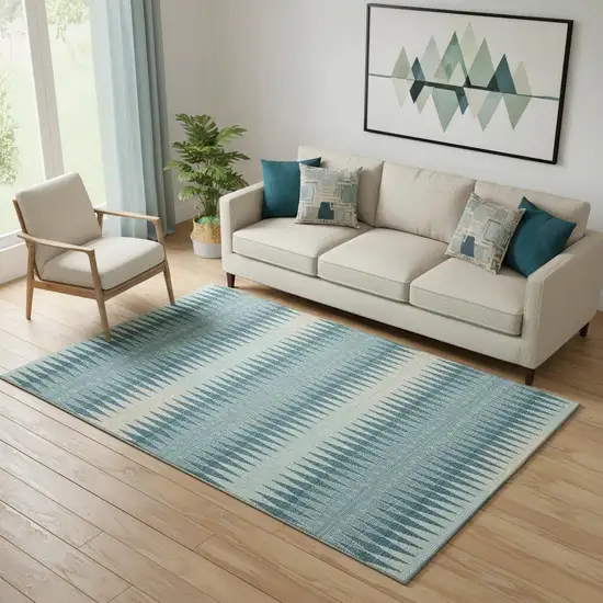 Teal And Beige Striped Washable Area Rug With UV Protection Photo 1