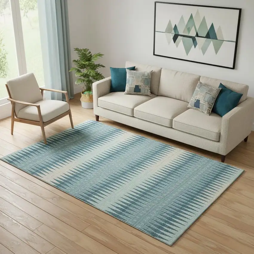 Teal And Beige Striped Washable Area Rug With UV Protection Photo 1