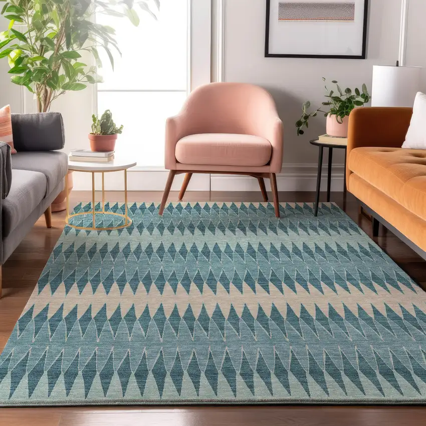 Teal And Beige Striped Washable Area Rug With UV Protection Photo 5