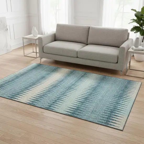 Teal And Beige Striped Washable Area Rug With UV Protection Photo 2