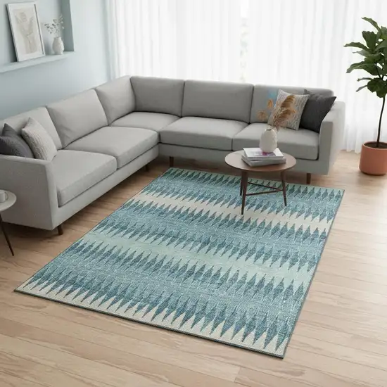 Teal And Beige Striped Washable Area Rug With UV Protection Photo 2