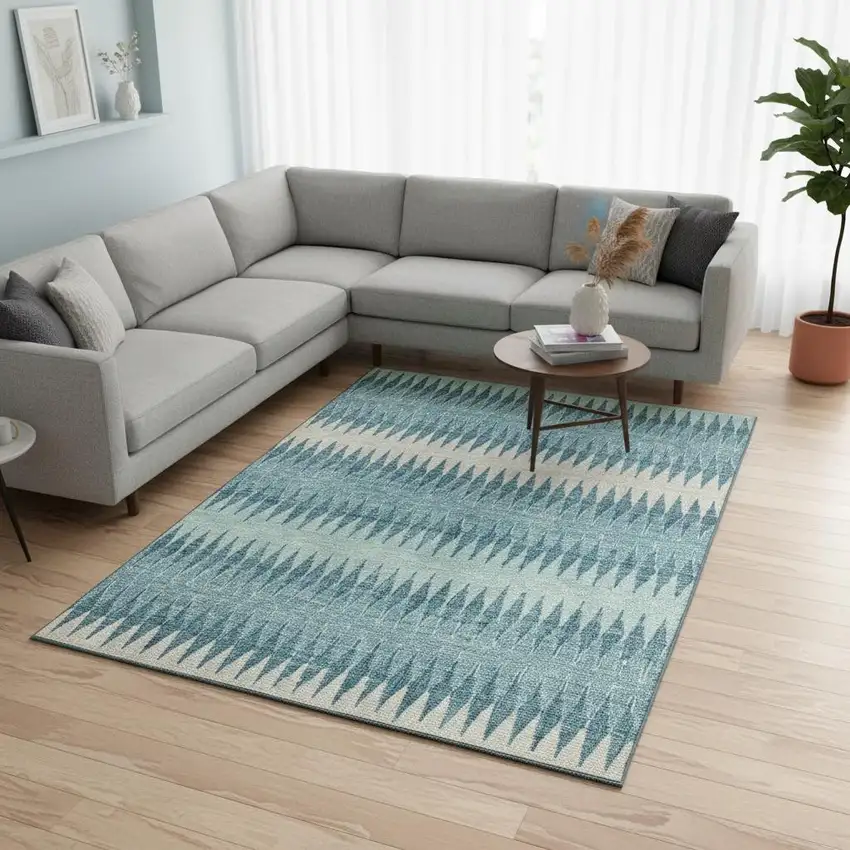 Teal And Beige Striped Washable Area Rug With UV Protection Photo 2