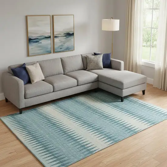 Teal And Beige Striped Washable Area Rug With UV Protection Photo 1