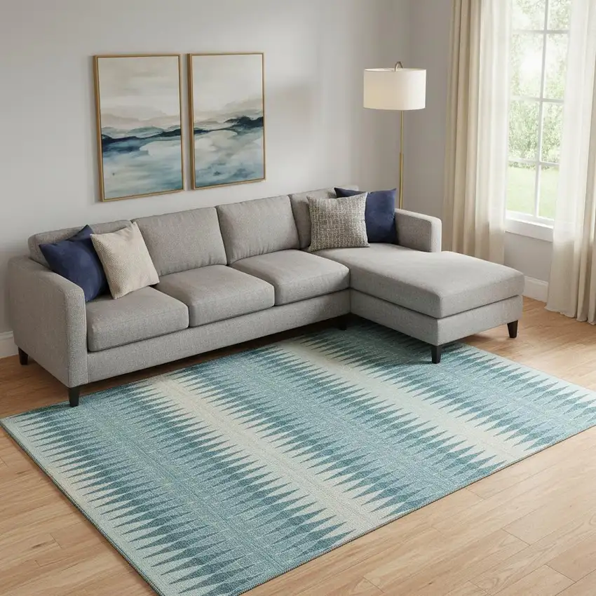 Teal And Beige Striped Washable Area Rug With UV Protection Photo 1