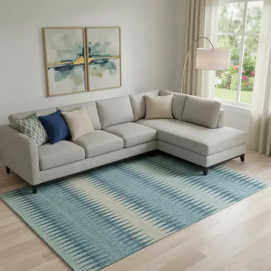 Teal And Beige Striped Washable Area Rug With UV Protection Photo 1
