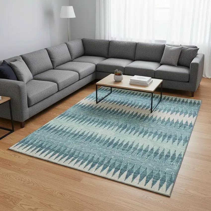 Teal And Beige Striped Washable Area Rug With UV Protection Photo 2