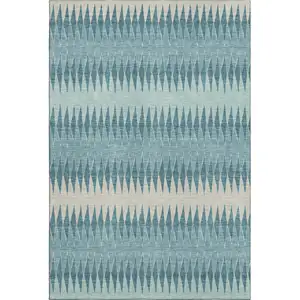 Photo of Teal And Beige Striped Washable Area Rug With UV Protection