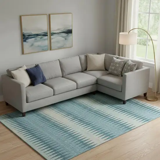 Teal And Beige Striped Washable Area Rug With UV Protection Photo 1