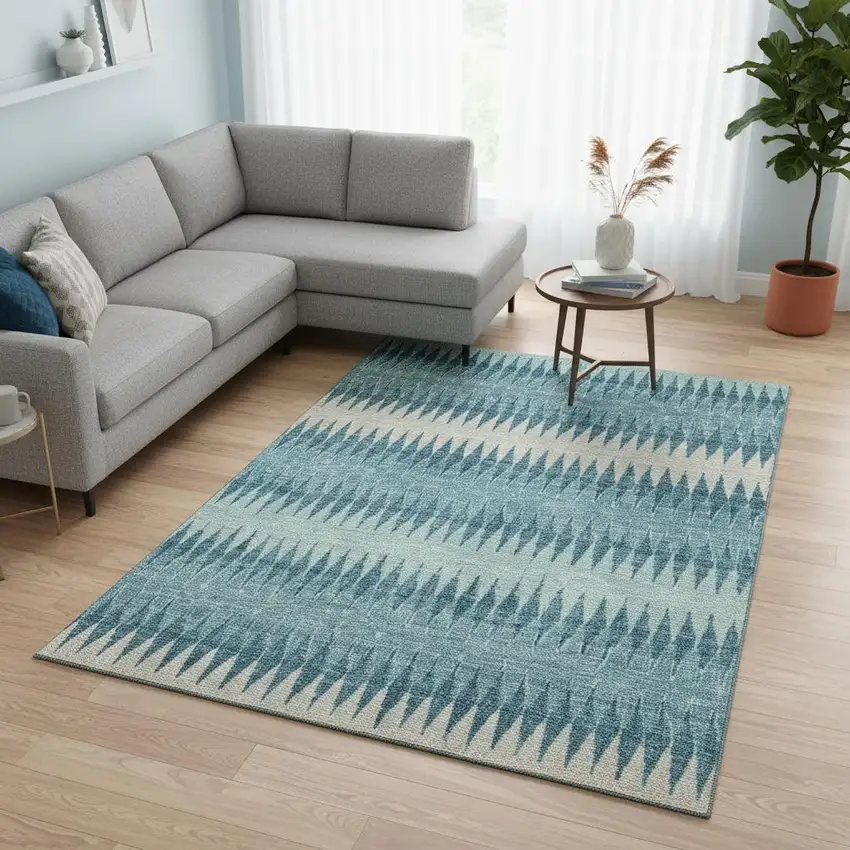 Teal And Beige Striped Washable Area Rug With UV Protection Photo 2