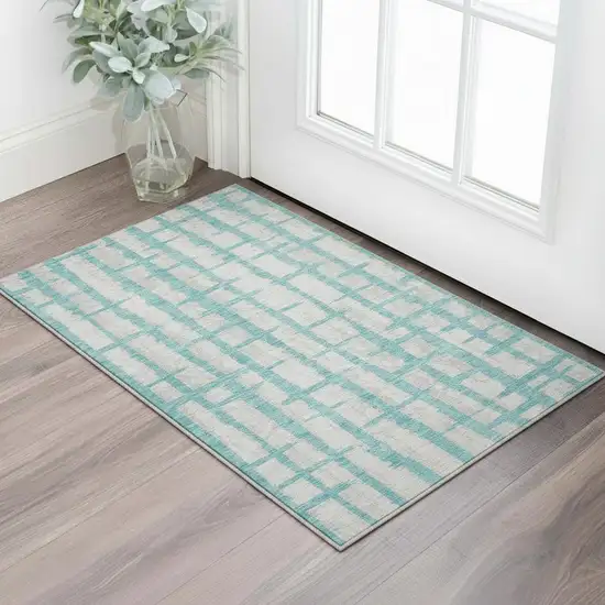 Teal And Beige Striped Washable Area Rug With UV Protection Photo 2