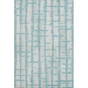 Photo of Teal And Beige Striped Washable Area Rug With UV Protection