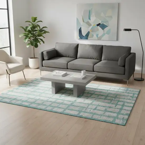 Teal And Beige Striped Washable Area Rug With UV Protection Photo 2