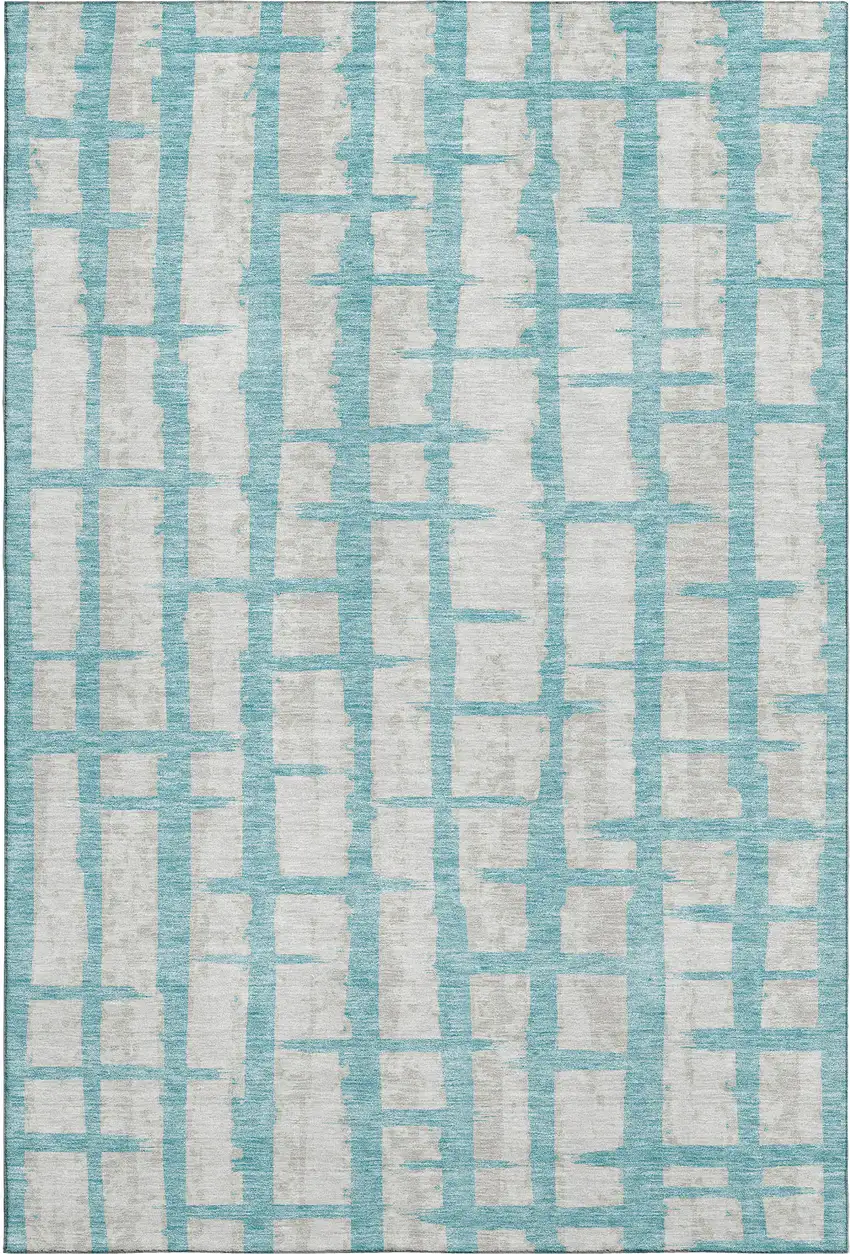 Teal And Beige Striped Washable Area Rug With UV Protection Photo 1