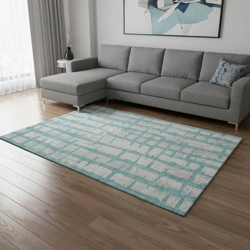 Teal And Beige Striped Washable Area Rug With UV Protection Photo 2