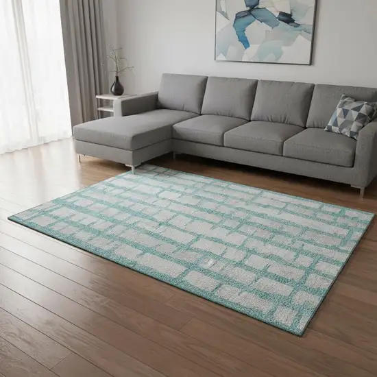 Teal And Beige Striped Washable Area Rug With UV Protection Photo 2