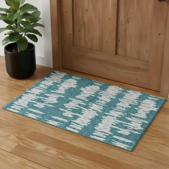 Teal And Beige Striped Washable Area Rug With UV Protection Photo 1