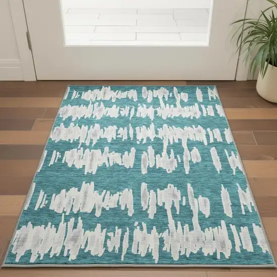 Teal And Beige Striped Washable Area Rug With UV Protection Photo 2