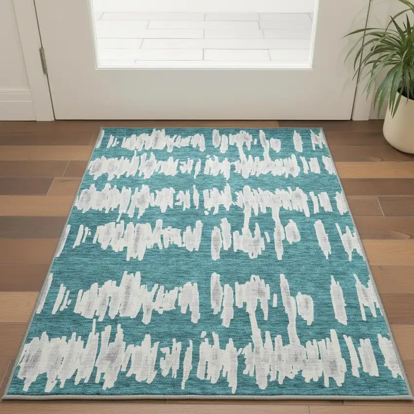 Teal And Beige Striped Washable Area Rug With UV Protection Photo 2