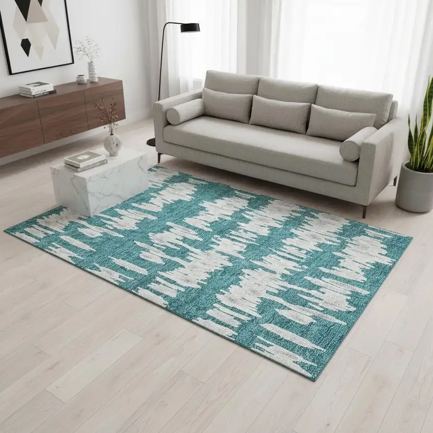 Teal And Beige Striped Washable Area Rug With UV Protection Photo 2