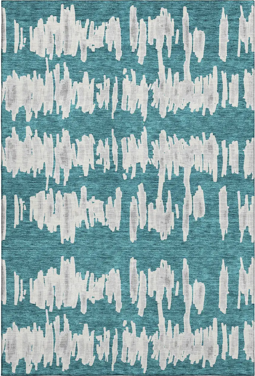 Teal And Beige Striped Washable Area Rug With UV Protection Photo 1