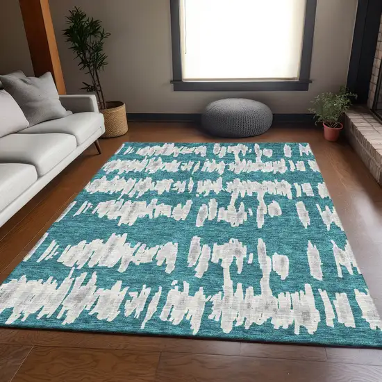 Teal And Beige Striped Washable Area Rug With UV Protection Photo 6