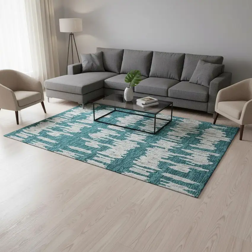 Teal And Beige Striped Washable Area Rug With UV Protection Photo 2