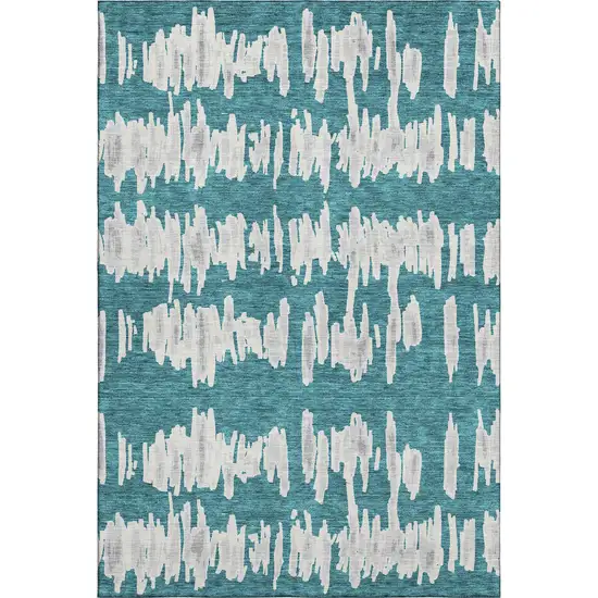 Teal And Beige Striped Washable Area Rug With UV Protection Photo 1