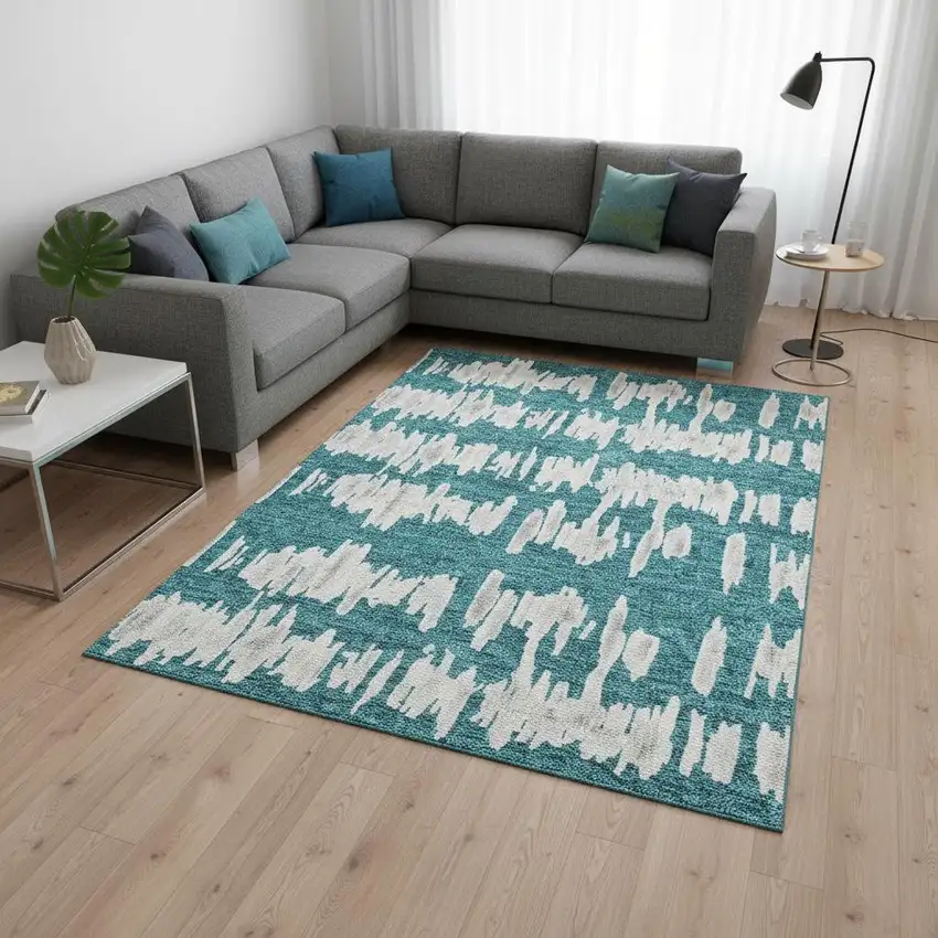 Teal And Beige Striped Washable Area Rug With UV Protection Photo 2