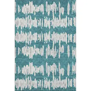 Photo of Teal And Beige Striped Washable Area Rug With UV Protection