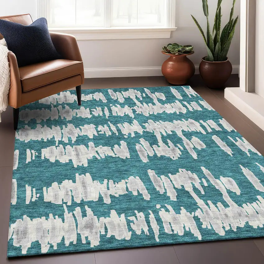 Teal And Beige Striped Washable Area Rug With UV Protection Photo 5