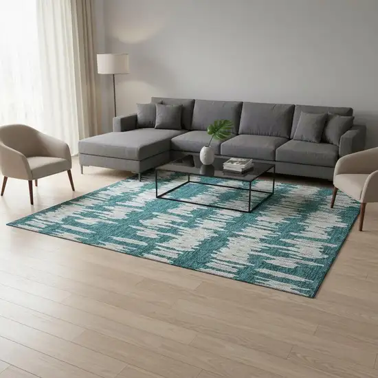Teal And Beige Striped Washable Area Rug With UV Protection Photo 2