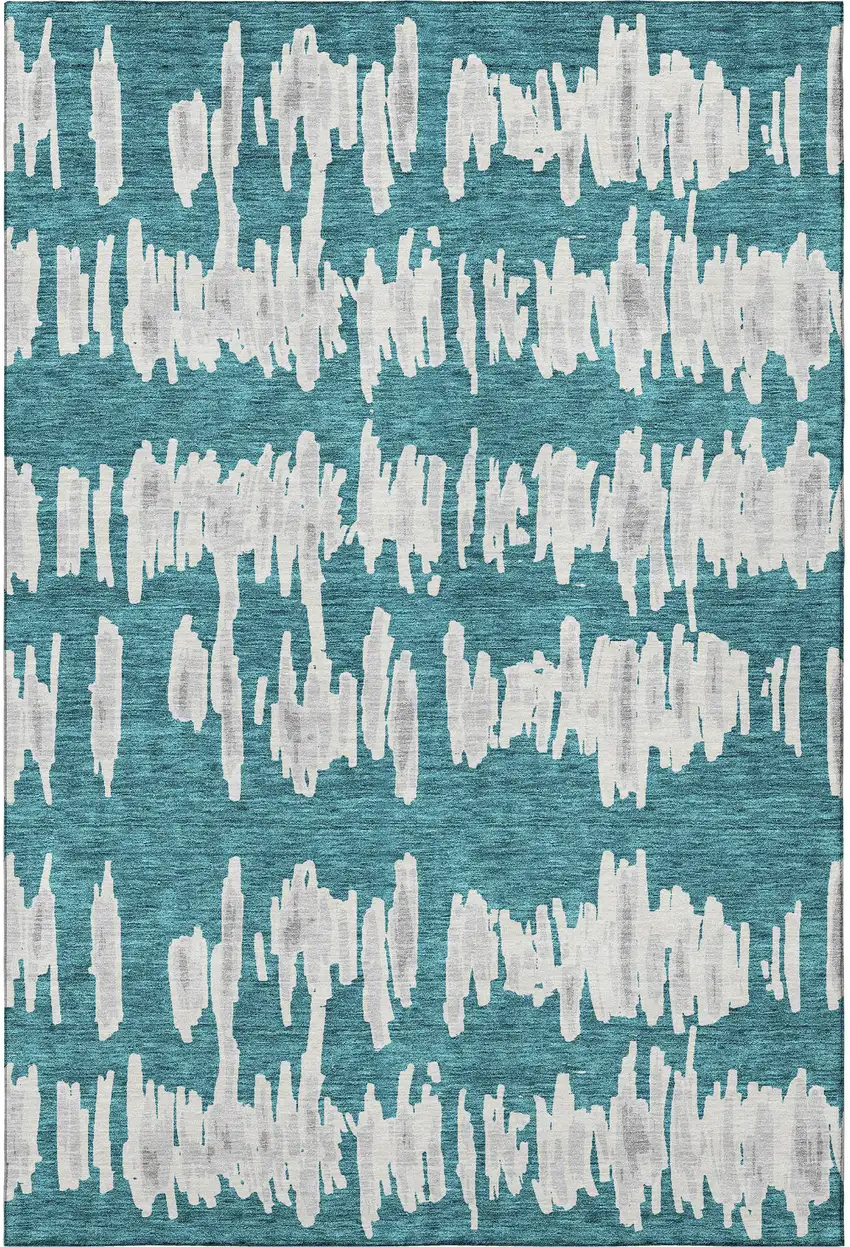 Teal And Beige Striped Washable Area Rug With UV Protection Photo 4
