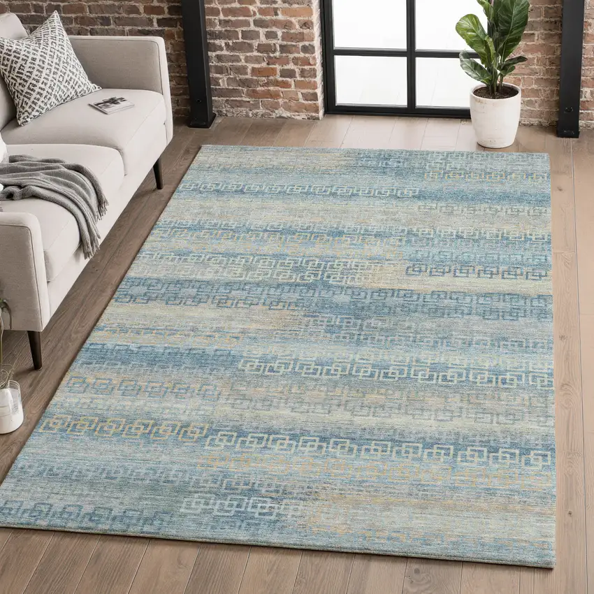 Teal And Beige Striped Washable Area Rug With UV Protection Photo 5