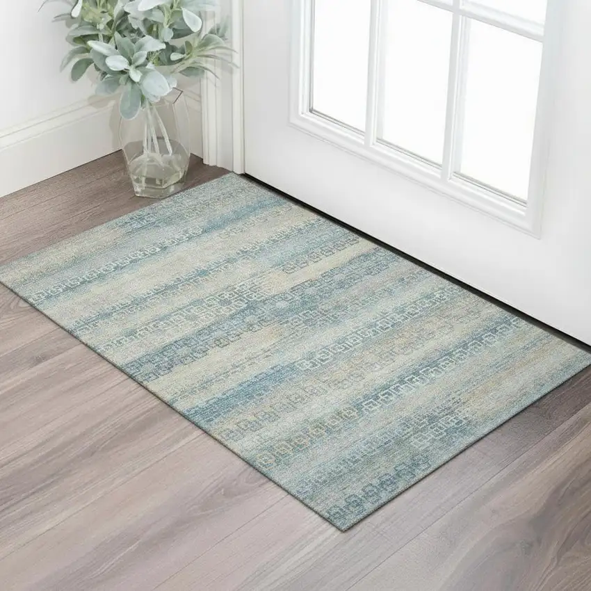 Teal And Beige Striped Washable Area Rug With UV Protection Photo 2