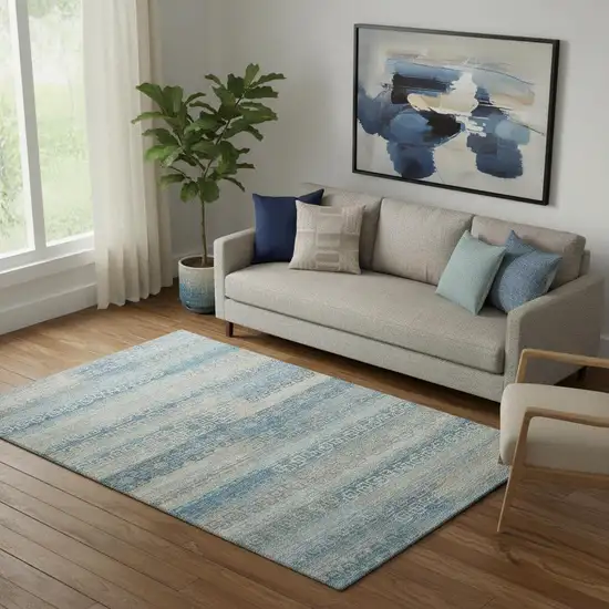 Teal And Beige Striped Washable Area Rug With UV Protection Photo 2