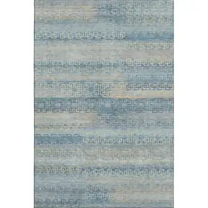 Photo of Teal And Beige Striped Washable Area Rug With UV Protection