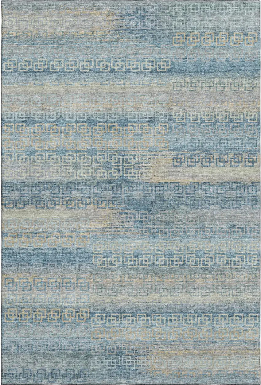 Teal And Beige Striped Washable Area Rug With UV Protection Photo 1