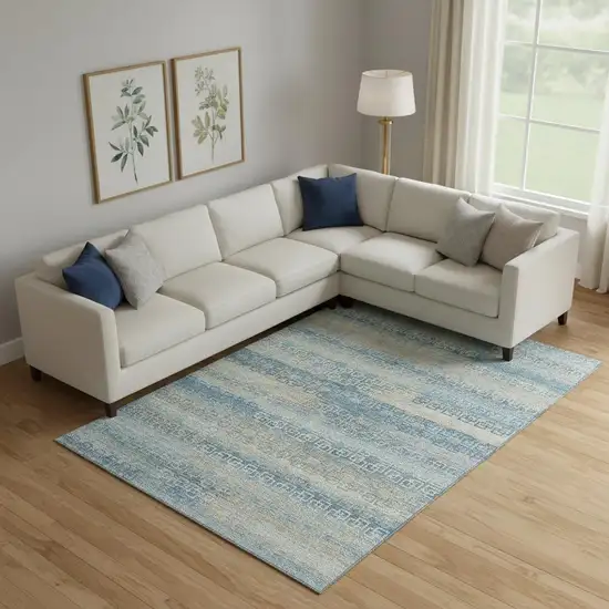 Teal And Beige Striped Washable Area Rug With UV Protection Photo 2