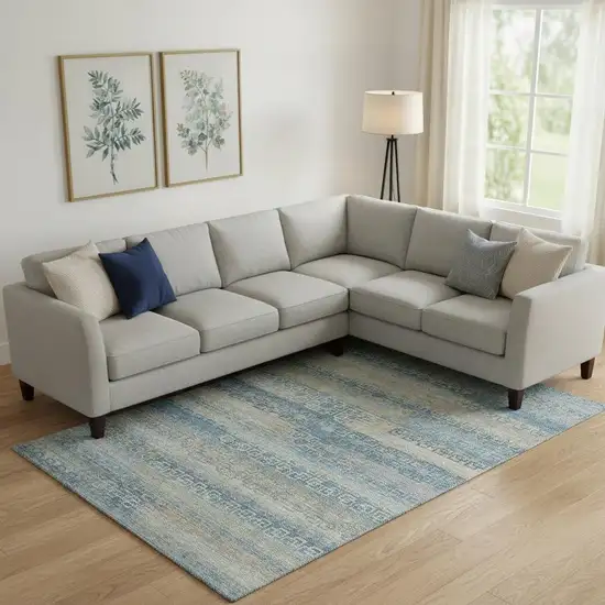 Teal And Beige Striped Washable Area Rug With UV Protection Photo 2