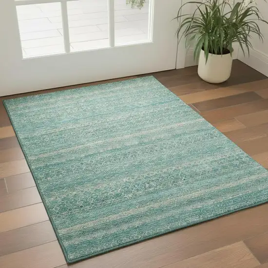 Teal And Beige Striped Washable Area Rug With UV Protection Photo 2