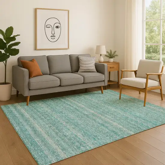 Teal And Beige Striped Washable Area Rug With UV Protection Photo 5
