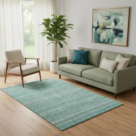 Teal And Beige Striped Washable Area Rug With UV Protection Photo 2