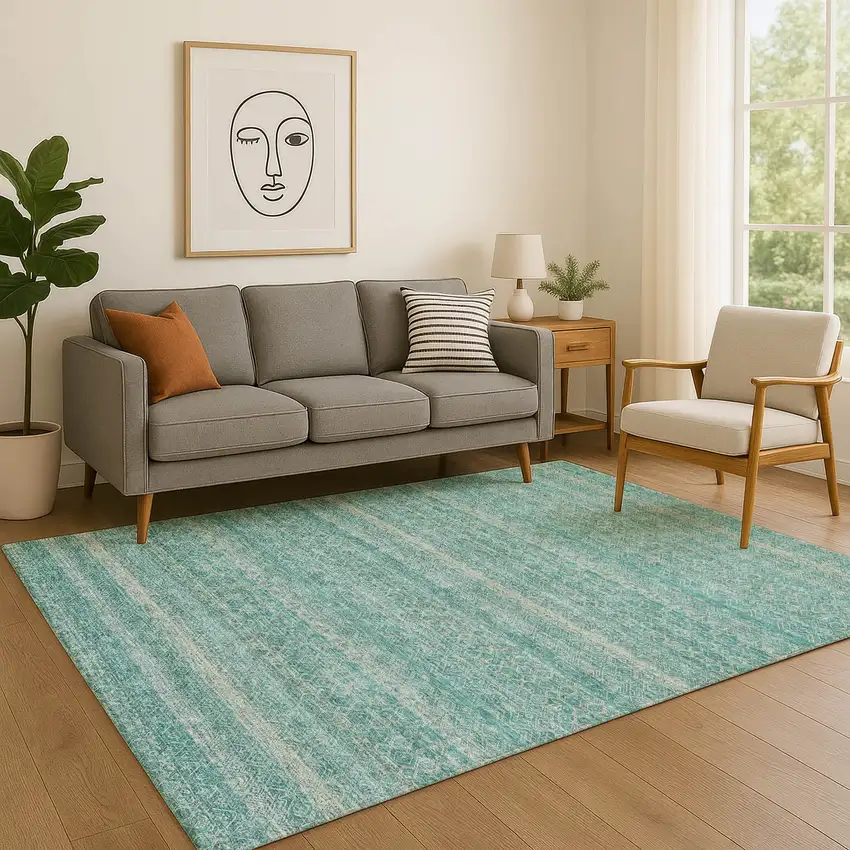Teal And Beige Striped Washable Area Rug With UV Protection Photo 5